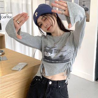 Long-sleeve Graphic Print Drawstring Cropped T-shirt
