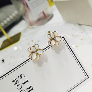 Rhinestone Flower Earring 1 Pair - 925 Silver Stud - White - One Size