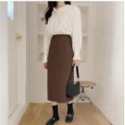 Long-sleeve Frill Trim Blouse / Midi Pencil Skirt