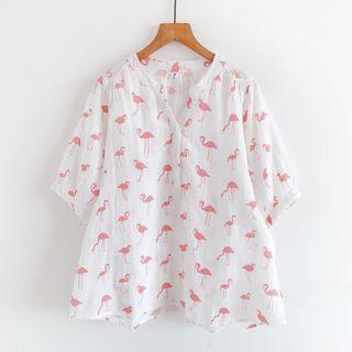 Elbow-sleeve Flamingo Print Blouse White - One Size