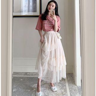 Short-sleeved Printed T-shirt / Ruffled Mesh Skirt