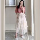 Short-sleeved Printed T-shirt / Ruffled Mesh Skirt