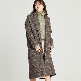 Open-front Glen-plaid Long Coat With Sash