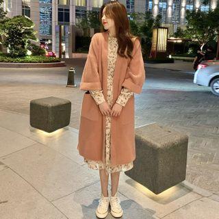 Open-front Long Knit Cardigan / Floral Midi Dress