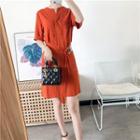 Plain Short-sleeve A-line Dress Tangerine Red - M