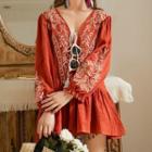 Embroidered V-neck Blouse Tangerine Red - One Size