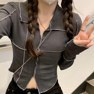 Long-sleeve Collar Crop Top