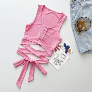 Round Neck Lace-up Tank Top Pink - One Size