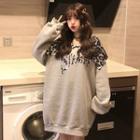 Set: V-neck Lettering Pullover + Leopard Print Collar Scarf
