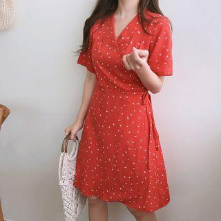 Dotted Short Sleeve Wrap Chiffon Dress