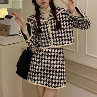 Collared Houndstooth Jacket / Mini A-line Skirt