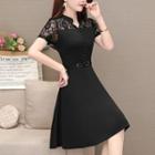 Lace Panel Buttoned Short-sleeve A-line Dress