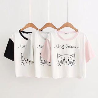 Cat Print Panel Short-sleeve T-shirt