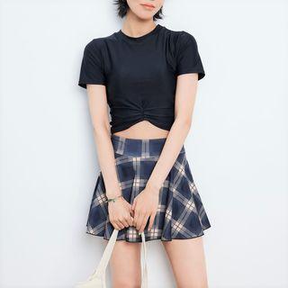 Set: Short-sleeve Asymmetrical Tankini Top + Plaid Swim Skirt