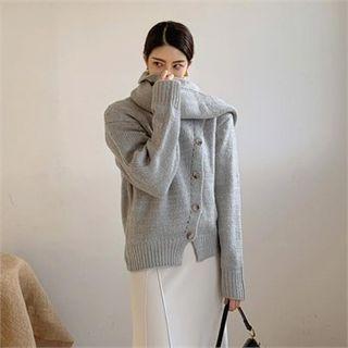 Diagonal-button Scarf-attached Cardigan