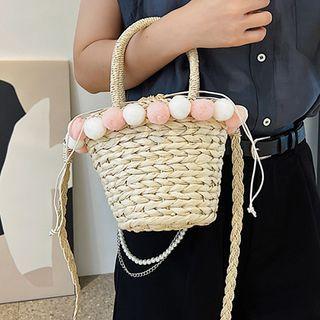 Pom Pom Detail Straw Crossbody Bag Beige - One Size