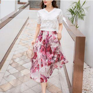 Set: V-neck Elbow-sleeve Top + A-line Midi Skirt