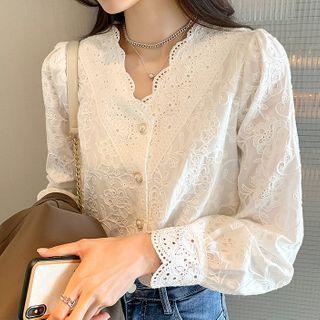 Long Sleeve V-neck Lace Trim Blouse