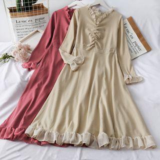 Ruffled-trim Ruched V-neck Dress