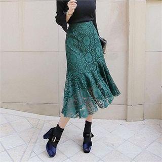 Band-waist Lace-overlay Long Skirt