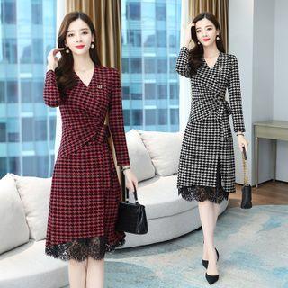 Long-sleeve Lace Panel Patterned A-line Dress
