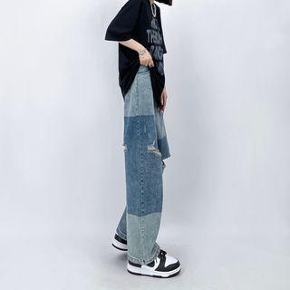 Distressed Color-bock Straight Leg Jeans