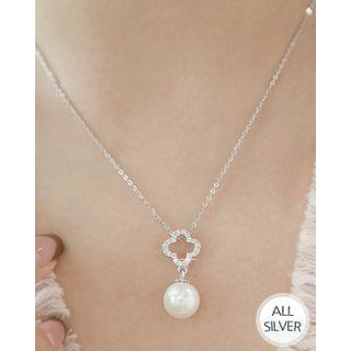 Faux-pearl Clover-pendant Silver Necklace