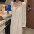 Long-sleeve Lace Trim Midi Sleep Dress White - One Size