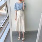 Flower Print Short-sleeve Blouse / Plain Midi A-line Skirt / Set