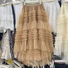 Ruffle Trim Mesh Midi Skirt