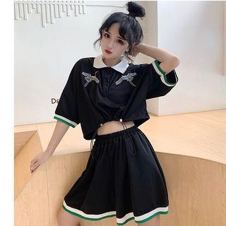 3/4-sleeve Embroidered Buttoned Top / Contrast Trim A-line Mini Skirt