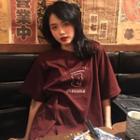 Elbow-sleeve Printed T-shirt Maroon - One Size