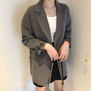 Double-breasted Blazer / Plaid A-line Midi Skirt
