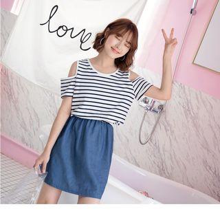 Cold Shoulder Striped Panel Denim Dress