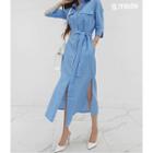 Flap-pocket Maxi Linen Shirtdress With Sash Sky Blue - One Size