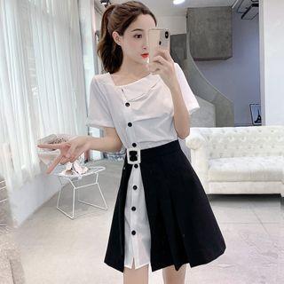 Set: Square-neck Short-sleeve Mini A-line Dress + Side-slit Mini Skirt