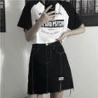 Lettering Cropped T-shirt / Contrast Stitching Denim Mini A-line Skirt