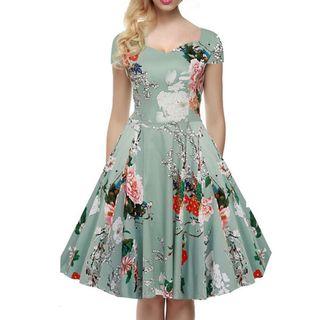 V-neck Short-sleeve Flower Print A-line Dress