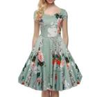 V-neck Short-sleeve Flower Print A-line Dress