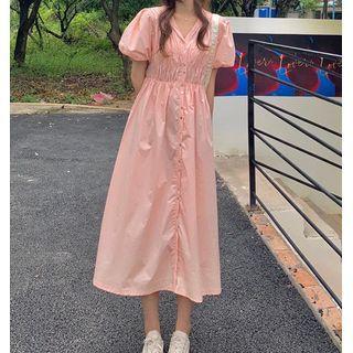Short-sleeve V-neck Midi Dress Pink - One Size