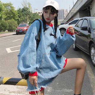 Puff-sleeve Fringed Denim Long Pullover