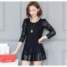 Long-sleeve Faux-leather Lace-panel Top