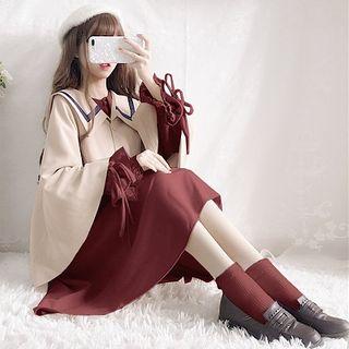 Collared Cape / Long-sleeve Midi Dress / Set