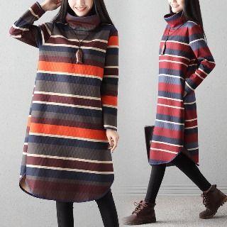 Long-sleeve Striped Padded Dress