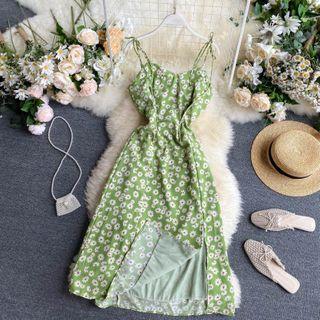 Flower Print Spaghetti Strap Midi A-line Dress Green - One Size