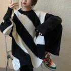 Striped Sweater / Plain Slit Straight Leg Pants