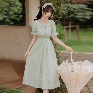 Short-sleeve Floral Print Square-neck A-line Midi Dress