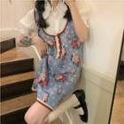 Short-sleeve Blouse / Floral Mini A-line Knit Pinafore Dress