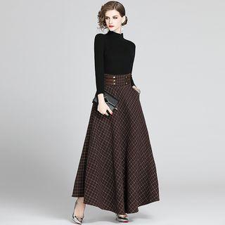 Set: Mock-turtleneck Knit Top + Plaid A-line Maxi Skirt