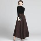 Set: Mock-turtleneck Knit Top + Plaid A-line Maxi Skirt